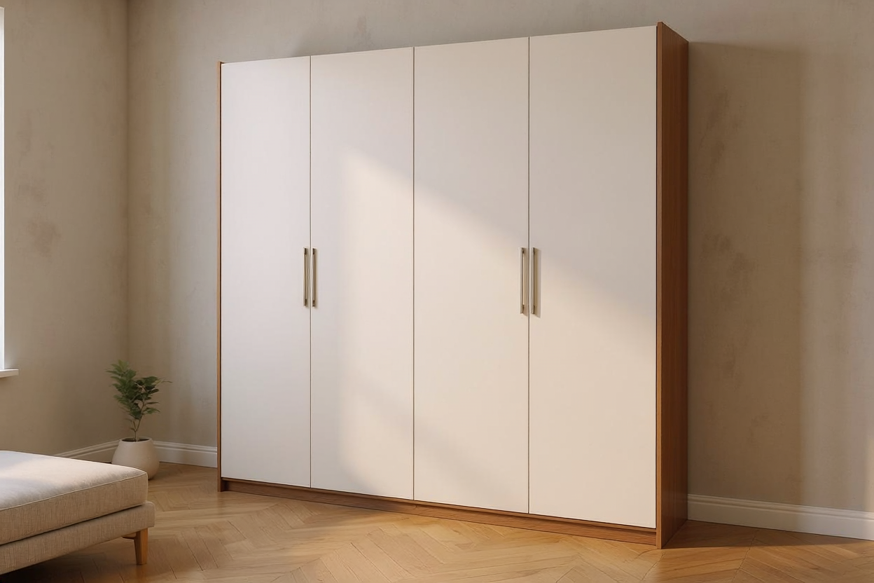 A four-door wardrobe in matt white with slim steel handles and a walnut side panel, in a calm bedroom